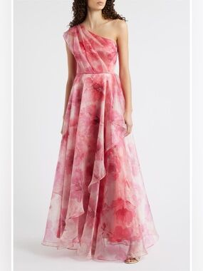 Eliza J One-Shoulder Floral Chiffon Gown Size 12 NWT